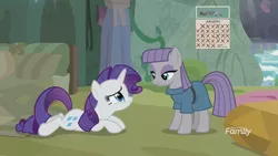 Size: 1920x1080 | Tagged: safe, derpibooru import, screencap, maud pie, rarity, earth pony, pony, unicorn, fake it 'til you make it, calendar, duo, maud's cave, prone, rock, written equestrian