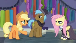 Size: 1366x768 | Tagged: applejack, derpibooru import, fake it 'til you make it, fluttergoth, fluttershy, goth, neigh sayer, safe, screencap