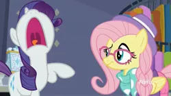 Size: 1663x929 | Tagged: alternate hairstyle, derpibooru import, fake it 'til you make it, fluttershy, hipstershy, nose in the air, rarity, rarity for you, safe, screencap, volumetric mouth