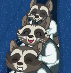 Size: 1057x1080 | Tagged: bowtie, clothes, cropped, curtain, cute, derpibooru import, eyes closed, fake it 'til you make it, happy, jacket, raccoon, safe, screencap, shirt, smiling, smoky, smoky jr., softpad