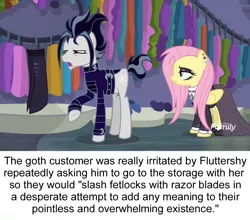 Size: 1004x883 | Tagged: semi-grimdark, derpibooru import, edit, edited screencap, screencap, fluttershy, snow hope, earth pony, pegasus, pony, fake it 'til you make it, annoyed, boutique, clothes, discovery family logo, duo, emo, fluttergoth, goth, goth pony, jacket, manehattan, ponestrip, self harm