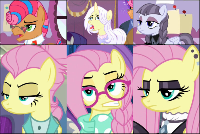 Size: 1200x804 | Tagged: alternate hairstyle, clothes, comparison, cropped, derpibooru import, fake it 'til you make it, fluttergoth, fluttershy, hipstershy, honest apple, inky rose, lily lace, rarity, safe, screencap, severeshy, starstreak