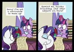 Size: 2458x1745 | Tagged: safe, artist:bobthedalek, derpibooru import, rarity, twilight sparkle, twilight sparkle (alicorn), alicorn, pony, unicorn, fake it 'til you make it, 2 panel comic, book, comic, desk, duo, facehoof, female, levitation, magic, mare, quill, scroll, signature, telekinesis