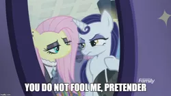 Size: 888x499 | Tagged: safe, derpibooru import, edit, edited screencap, screencap, fluttershy, moonlight raven, pony, unicorn, fake it 'til you make it, eyeshadow, fluttergoth, goth, hoof hold, makeup, meme, unamused