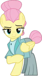 Size: 5003x9010 | Tagged: safe, artist:jhayarr23, derpibooru import, fluttershy, pegasus, pony, fake it 'til you make it, absurd resolution, alternate hairstyle, clothes, female, hair bun, jacket, looking at you, mare, pants, raised eyebrow, raised hoof, severeshy, shirt, simple background, smiling, solo, tail bun, transparent background, vector