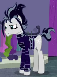 Size: 490x660 | Tagged: safe, derpibooru import, screencap, snow hope, earth pony, pony, fake it 'til you make it, clothes, cropped, edward scissorhands, goth, goth mlp, goth pony, gothic, jacket, leather jacket, male, my little pony, side character, solo, stallion, trad goth