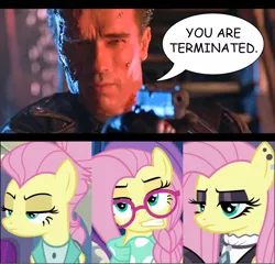 Size: 1200x1152 | Tagged: alternate hairstyle, arnold schwarzenegger, derpibooru import, edit, edited screencap, editor:wild stallions, fake it 'til you make it, fluttergoth, fluttershy, goth, hipstershy, safe, screencap, severeshy, speech bubble, t-800, terminator, terminator 2