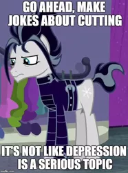 Size: 490x660 | Tagged: semi-grimdark, derpibooru import, edit, edited screencap, screencap, snow hope, earth pony, pony, fake it 'til you make it, caption, clothes, cropped, cutting, edgy, edward scissorhands, emo, goth pony, image macro, jacket, leather jacket, male, meme, sarcasm, self harm, solo, stallion, text