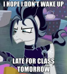 Size: 690x767 | Tagged: safe, derpibooru import, edit, edited screencap, editor:dtavs.exe, screencap, snow hope, earth pony, pony, fake it 'til you make it, bait and switch, caption, clothes, cropped, goth pony, image macro, jacket, male, meme, solo, stallion, text