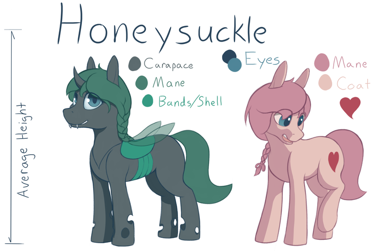 Size: 1850x1200 | Tagged: a changeling's guide to large horse care, artist:heftyhorsehostler, braid, changeling, changeling oc, colored pupils, derpibooru import, disguise, disguised changeling, oc, oc:honeysuckle, reference sheet, safe, short, unofficial characters only