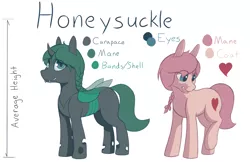 Size: 1850x1200 | Tagged: a changeling's guide to large horse care, artist:heftyhorsehostler, braid, changeling, changeling oc, colored pupils, derpibooru import, disguise, disguised changeling, oc, oc:honeysuckle, reference sheet, safe, short, unofficial characters only