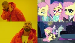 Size: 4000x2321 | Tagged: safe, derpibooru import, edit, edited screencap, screencap, fluttershy, softpad, pegasus, pony, raccoon, fake it 'til you make it, alternate hairstyle, cute, drake, exploitable meme, fluttergoth, hipstershy, hotline bling, meme, severeshy, shyabetes