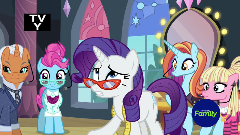 Size: 1920x1080 | Tagged: bleeding heart, blue bobbin, derpibooru import, discovery family logo, fake it 'til you make it, rarity, safe, sassy saddles, screencap, starke kragen, tv rating, tv-y