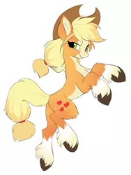 Size: 1105x1470 | Tagged: safe, artist:hioshiru, derpibooru import, applejack, earth pony, pony, alternate design, blaze (coat marking), chest fluff, colored hooves, cowboy hat, ear fluff, female, freckles, hairband, hat, leg fluff, looking at you, mare, redesign, side view, simple background, socks (coat marking), solo, tail band, unshorn fetlocks, white background