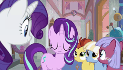 Size: 848x480 | Tagged: safe, derpibooru import, screencap, gooseberry, lemon crumble, rarity, starlight glimmer, water spout, pony, unicorn, fake it 'til you make it, animated, background pony, colt, female, filly, friendship student, head shake, hyper sonic, male, mare