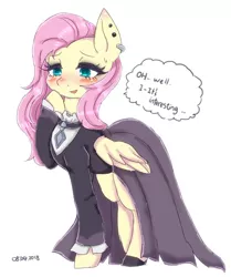 Size: 586x702 | Tagged: safe, artist:divided-s, derpibooru import, fluttershy, pegasus, pony, fake it 'til you make it, blushing, clothes, cute, dress, female, fluttergoth, goth, looking at you, mare, raised hoof, shyabetes, simple background, solo, white background