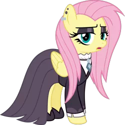 Size: 7268x7272 | Tagged: safe, artist:jhayarr23, derpibooru import, fluttershy, pegasus, pony, fake it 'til you make it, absurd resolution, alternate hairstyle, clothes, ear piercing, earring, eyeshadow, female, fluttergoth, goth, jacket, jewel, jewelry, looking at you, makeup, mare, necklace, piercing, ruffled shirt, simple background, slippers, solo, transparent background, vector