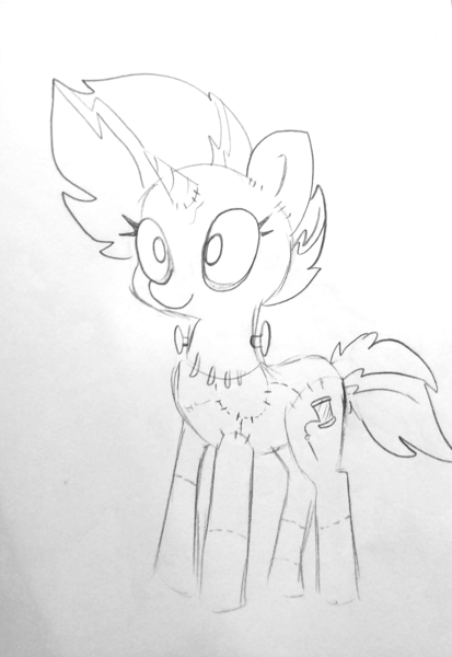 Size: 1237x1799 | Tagged: semi-grimdark, artist:tjpones, derpibooru import, oc, unofficial characters only, pony, undead, unicorn, frankenpony, frankenstein's monster, grayscale, lineart, monochrome, monster mare, simple background, solo, stitches, traditional art