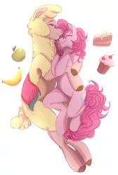 Size: 1945x2888 | Tagged: safe, artist:1an1, derpibooru import, paprika paca, pinkie pie, alpaca, earth pony, pony, them's fightin' herds, apple, banana, cake, cherry, community related, crossover, crossover shipping, cupcake, eyes closed, female, food, hug, lesbian, mare, paprikapie, shipping, simple background, smiling, white background