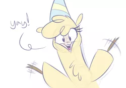 Size: 1000x700 | Tagged: alpaca, artist:heir-of-rick, bust, chest fluff, community related, derpibooru import, dialogue, hat, looking at you, open mouth, paprika paca, party hat, safe, simple background, solo, them's fightin' herds, white background, yay