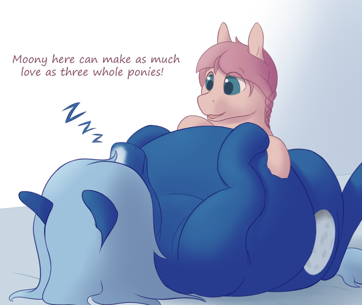 Size: 1600x1346 | Tagged: suggestive, artist:heftyhorsehostler, derpibooru import, oc, oc:full moon, oc:honeysuckle, unofficial characters only, changeling, pony, a changeling's guide to large horse care, belly, big belly, braid, changeling oc, colored pupils, dialogue, disguise, disguised changeling, fat, female, lesbian, oc x oc, on back, onomatopoeia, shipping, sleeping, sound effects, squishy, zzz