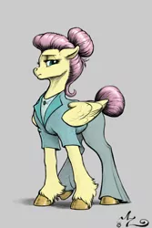 Size: 800x1200 | Tagged: safe, artist:amarynceus, deleted from derpibooru, derpibooru import, fluttershy, pegasus, pony, fake it 'til you make it, alternate hairstyle, clothes, doodle, female, gray background, hair bun, mare, pants, realistic horse legs, severeshy, signature, simple background, solo, unshorn fetlocks