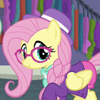 Size: 200x200 | Tagged: alternate hairstyle, animated, clothes, cropped, cute, derpibooru import, fake it 'til you make it, fluttershy, gif, glasses, hat, hipstershy, one eye closed, picture for breezies, safe, screencap, shyabetes, solo, wink