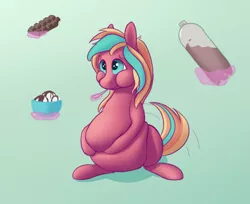 Size: 1003x817 | Tagged: suggestive, artist:heftyhorsehostler, derpibooru import, oc, oc:tropical punch, unofficial characters only, earth pony, pony, a changeling's guide to large horse care, belly, big belly, chocolate, fat, feedee, feeding, female, food, gradient background, ice cream, magic, offscreen character, puffy cheeks, soda, solo, solo female, squishy, telekinesis