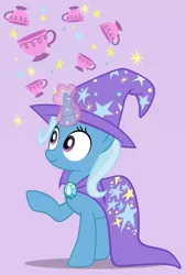 Size: 811x1200 | Tagged: artist:pixelkitties, cape, clothes, cup, derpibooru import, hat, safe, solo, teacup, that pony sure does love teacups, trixie, trixie's cape, trixie's hat