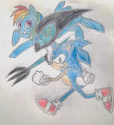 Size: 1664x1824 | Tagged: artist:veltyoung, ben 10, crossover, derpibooru import, rainbow dash, safe, sonic the hedgehog, sonic the hedgehog (series), traditional art, xlr8