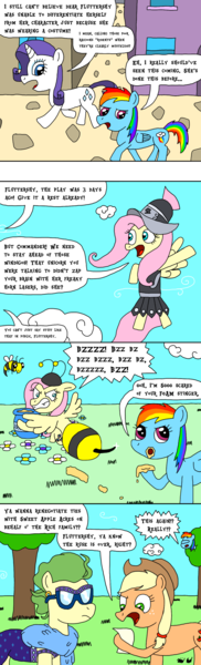 Size: 1000x3300 | Tagged: acting, animal costume, applejack, artist:bjdazzle, bee, bee costume, clothes, comic, costume, derpibooru import, fake it 'til you make it, flower, flutterbee, fluttershy, food, hearth's warming eve (episode), honey, impossibly rich, insect, it ain't easy being breezies, manehattan, private pansy, racism, rainbow dash, rarity, safe, sarcasm, season 8 homework assignment, sweet apple acres, viva las pegasus, winnie the pooh