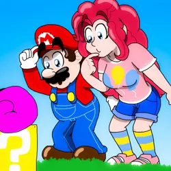 Size: 1375x1372 | Tagged: artist:cailauniverse, ? block, crossover, crossover shipping, derpibooru import, female, human, humanized, male, mario, mariopie, pinkie pie, safe, shipping, straight, super mario bros.