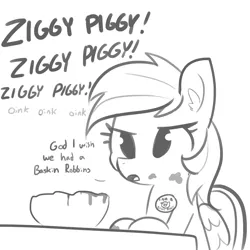 Size: 1650x1650 | Tagged: safe, artist:tjpones, derpibooru import, rainbow dash, pony, bill and ted's excellent adventure, dialogue, female, food, ice cream, mare, monochrome, simple background, sketch, solo, white background, ziggy piggy