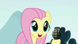 Size: 902x508 | Tagged: safe, derpibooru import, edit, edited screencap, editor:zeppo, screencap, fluttershy, pony, school daze, animated, cool guys don't look at explosions, explosion, fluttershy throwing things, grenade, i can't believe it's not superedit, solo, throwing