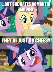 Size: 638x867 | Tagged: alicorn, caption, derpibooru import, edit, edited screencap, faic, fluttershy, image macro, meme, party pooped, safe, screencap, text, they're just so cheesy, twilight sparkle, twilight sparkle (alicorn)