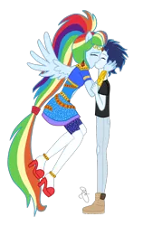 Size: 650x960 | Tagged: safe, artist:ilaria122, derpibooru import, rainbow dash, soarin', equestria girls, boots, clothes, couple, crying, dress, duo, equestria girls-ified, female, high heel boots, kissing, knee-high boots, leggings, male, ponied up, shipping, shoes, simple background, soarindash, straight, transparent background