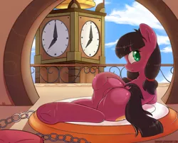 Size: 1050x850 | Tagged: suggestive, artist:tikrs007, derpibooru import, oc, oc:macdolia, earth pony, pony, bell, butt, clock, clock tower, colored pupils, dock, featureless crotch, frog (hoof), looking at you, pigtails, plot, shiny, sunlight, underhoof