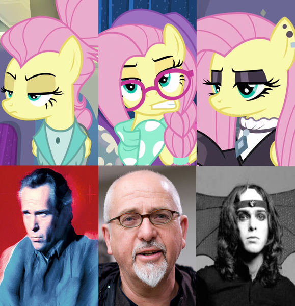 Size: 1280x1326 | Tagged: alternate hairstyle, clothes, comparison, derpibooru import, edit, edited screencap, fake it 'til you make it, fluttergoth, fluttershy, genesis, hipstershy, human, irl, irl human, meme, musician, peter gabriel, photo, safe, screencap, severeshy, trio