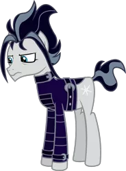 Size: 1488x2027 | Tagged: safe, artist:lightningbolt, derpibooru import, snow hope, earth pony, pony, fake it 'til you make it, .svg available, belt, belt buckle, clothes, emo, eyeliner, frown, goth, goth pony, jacket, makeup, male, messy mane, messy tail, sad, simple background, solo, stallion, standing, svg, tall, transparent background, vector