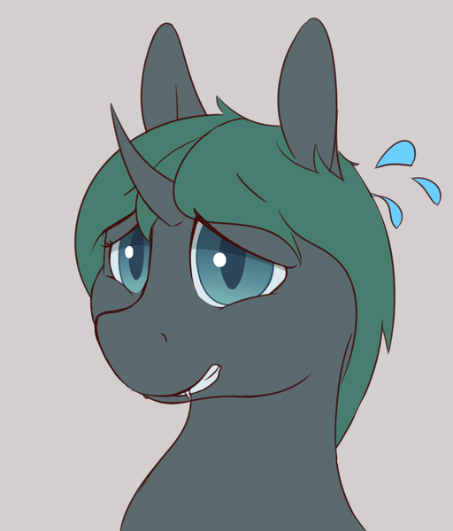 Size: 1200x1406 | Tagged: a changeling's guide to large horse care, artist:heftyhorsehostler, bust, changeling, changeling oc, colored pupils, derpibooru import, gray background, green changeling, grin, nervous, nervous grin, oc, oc:honeysuckle, safe, simple background, smiling, sweat