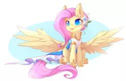 Size: 3836x2474 | Tagged: safe, artist:teranen, derpibooru import, fluttershy, pegasus, pony, fake it 'til you make it, :p, abstract background, blushing, clothes, colored pupils, cute, ear fluff, female, flower, flower in hair, mare, shyabetes, silly, simple background, sitting, smiling, solo, spread wings, tongue out, transparent background, warrior of inner strength, warriorshy, wings
