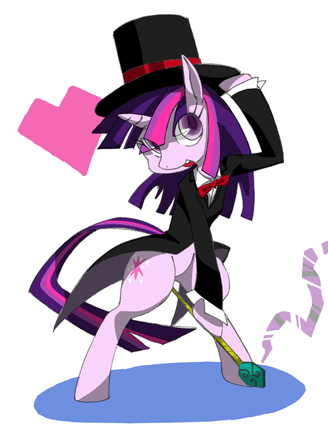 Size: 594x772 | Tagged: safe, artist:8->, derpibooru import, twilight sparkle, pony, bipedal, clothes, hat, magic, magic wand, magician, pixiv, solo, top hat, tuxedo