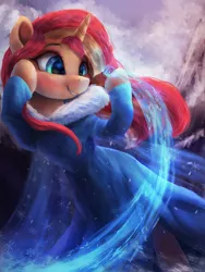 Size: 2250x3000 | Tagged: safe, artist:vanillaghosties, derpibooru import, sunset shimmer, pony, unicorn, clothes, crossover, cute, disney, dress, female, frozen (movie), ice, magic, mare, not fiery shimmer, shimmerbetes, smiling, solo