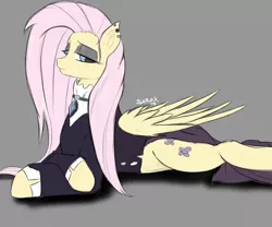 Size: 3000x2500 | Tagged: safe, artist:alesarox, derpibooru import, fluttershy, pegasus, pony, fake it 'til you make it, clothes, dress, ear piercing, earring, eyeshadow, female, fluttergoth, gray background, jewelry, makeup, mare, piercing, simple background, solo