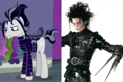 Size: 980x660 | Tagged: safe, derpibooru import, edit, edited screencap, screencap, snow hope, earth pony, pony, fake it 'til you make it, clothes, cropped, edward scissorhands, goth pony, jacket, johnny depp, leather jacket, male, solo, stallion