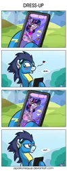 Size: 1675x4214 | Tagged: safe, artist:zsparkonequus, derpibooru import, soarin', twilight sparkle, twilight sparkle (alicorn), alicorn, pegasus, pony, blushing, clothes, comic, dexterous hooves, dressup, dressup game, female, male, mobile phone, panties, phone, pink underwear, realization, shipping, smartphone, soarlight, straight, underwear, undressing, uniform, we don't normally wear clothes, white underwear, wonderbolts uniform