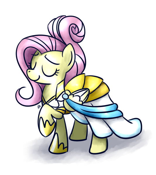 Size: 1600x1800 | Tagged: safe, artist:sugar morning, derpibooru import, fluttershy, pegasus, pony, fake it 'til you make it, clothes, cute, dress, eyes closed, female, mare, simple background, warrior of inner strength, warriorshy