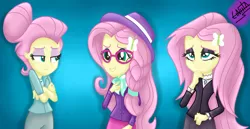 Size: 1400x720 | Tagged: safe, artist:liniitadash23, derpibooru import, fluttershy, equestria girls, fake it 'til you make it, alternate hairstyle, blue background, braid, clothes, crossed arms, eyeshadow, fluttergoth, glasses, goth, hipster, hipstershy, lidded eyes, makeup, severeshy, simple background, snooty, trio, valley girl