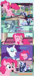 Size: 1919x4225 | Tagged: safe, artist:estories, derpibooru import, pinkie pie, rarity, oc, oc:quill (seventozen), oc:silverlay, earth pony, pony, unicorn, comic:a(pple)ffection, comic, female, happy, jewelry store, mare, pronking