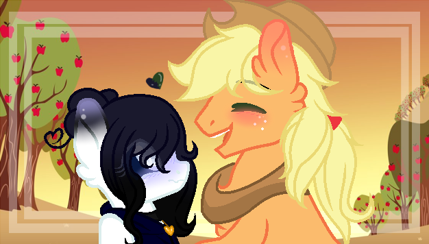 Size: 626x356 | Tagged: safe, artist:themisslittledevil, derpibooru import, applejack, oc, oc:coraline, pony, apple, apple tree, applejack (male), base used, canon x oc, female, mare, rule 63, tree